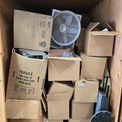 #10008 • Fan, TV, Plastic Storage, Boxes of Tools, and Misc Household Goods
