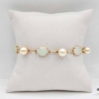 #705 • 14k Gold Opal & Pearl Bracelet, 11.1g
