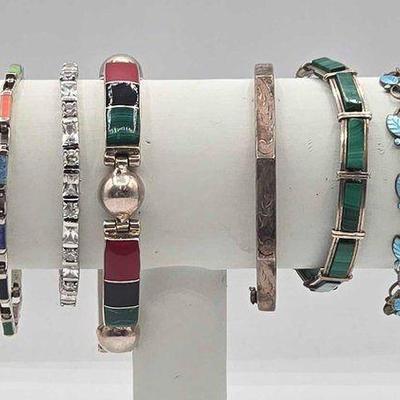 #914 • Sterling Silver Onyx, Coral, Malchite Bracelets & More, 107.2g
