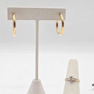#722 • 14k Gold Hoop Earrings & Diamond Ring, 3.3g
