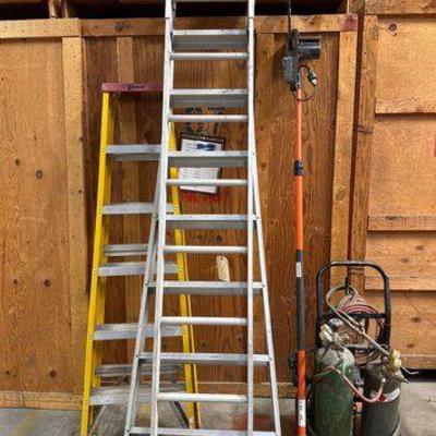 #10500 • 2 Ladders, Electric Pole Saw, Oxygen Acetylene Set with Dolly
