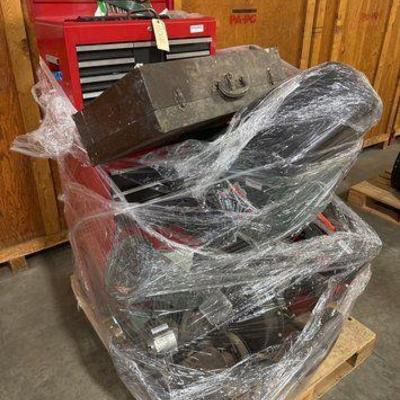#11002 • Craftsman Tool Box with Tools, Wood Chipper, Larin Car Jack, 2 6” Bench Grinders

