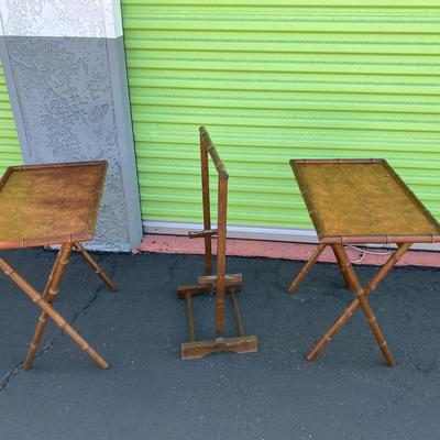 Vintage Asian Inspired Wood TV Trays With Stand Faux Bamboo Design