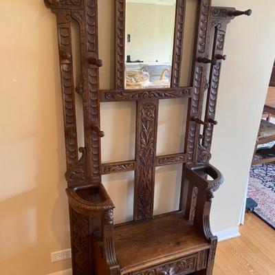 Antique Figural Mahogany Hall Tree with Mirror