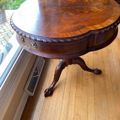 STUNNING!!! Henkel Harris Mahogany Flame Mahogany Carved Claw Feet Drum Table with Drawer