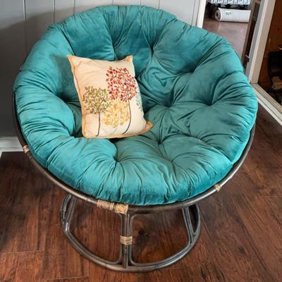 Teal Microsuede Papasan Chair And Decorative Pillow 