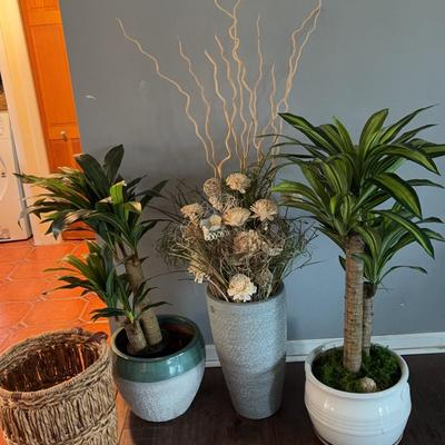 2 Faux Plants In Ceramics Pots, Tall Ceramic Like Vase Filled With Dried Flowers And Wicker Basket 