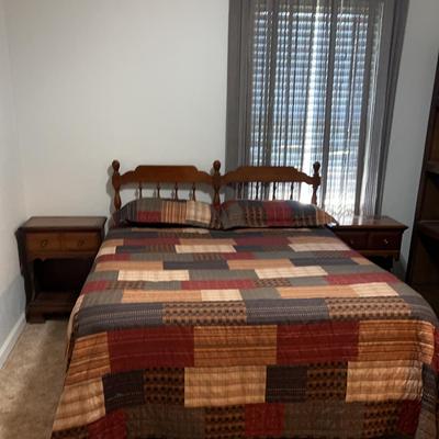 Vintage Wood Bed Frame Full-Size & Two Wood Night Stands with drawer & shelf