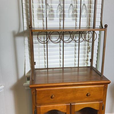 Wood & Metal Wine Rack w/ 4 Stemware, Space For 5 Bottles Of Wine, A Drawer, & Look-in Low Storage 