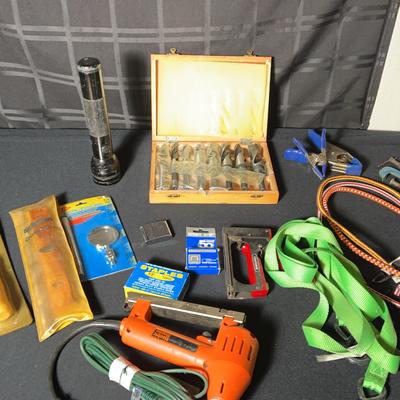 Electric & Hand Staple Guns, Large Drill Bit Set, Maglite, Bungees, Clamps, Anchor Strap, Small Saws