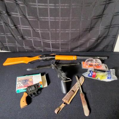 Red Ryder, Small Crossbow, 440 Athletic Starter Revolver, Harold Ensley Knife, Eye Protection 