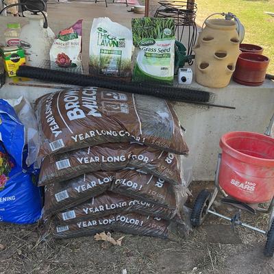 Sears Spreader, X5 Bags Of Brown Mulch, Grass Seed, Weed Killer, Potting Soil, Pots, Plant Stands +