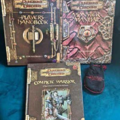 (3) Dungeons And Dragons Books With Bag Of Dice
