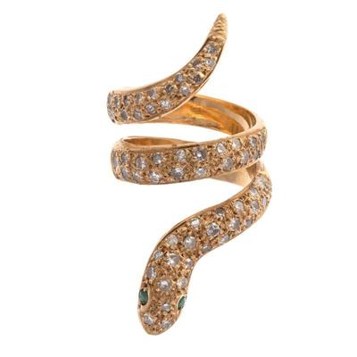 Diamond, Emerald, 18k Yellow Gold Snake Ring