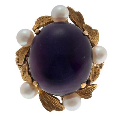 Amethyst, Cultured Pearl, 14k Yellow Gold Ring