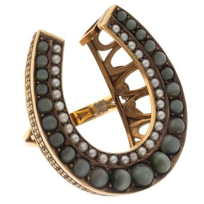Cat's Eye Chrysoberyl, Seed Pearl, 14k Horseshoe Ring