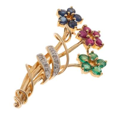 Diamond, Emerald, Ruby, Sapphire, 14k Yellow Gold Pin