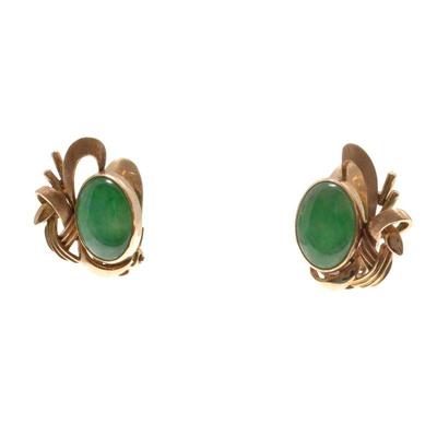 Pair of Jade, 14k Yellow Gold Earrings
