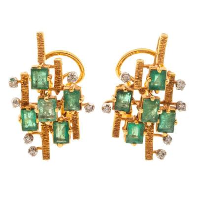 Modernist Emerald, Diamond, 14k Yellow Gold Jewelry Suite