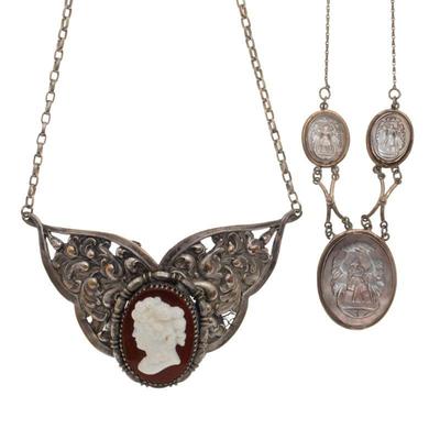 Two Cameo, Sterling Silver, Silver-Tone Necklaces