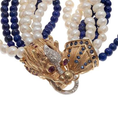 Lapis Lazuli, Freshwater Pearl, Diamond, Sapphire, 14k Torsade Necklace