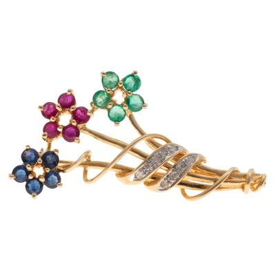 Diamond, Emerald, Ruby, Sapphire, 14k Yellow Gold Pin
