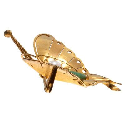 Jade, Cultured Pearl, 14k Yellow Gold Butterfly Pin