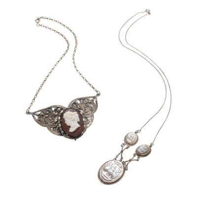 Two Cameo, Sterling Silver, Silver-Tone Necklaces