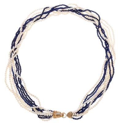 Lapis Lazuli, Freshwater Pearl, Diamond, Sapphire, 14k Torsade Necklace