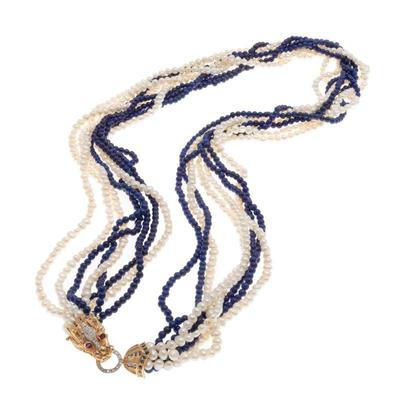 Lapis Lazuli, Freshwater Pearl, Diamond, Sapphire, 14k Torsade Necklace