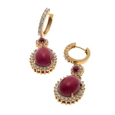 Pair of Ruby, Diamond, 14k Yellow Gold Earrings