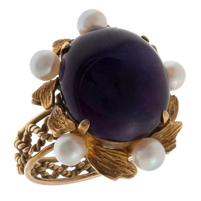 Amethyst, Cultured Pearl, 14k Yellow Gold Ring