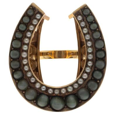 Cat's Eye Chrysoberyl, Seed Pearl, 14k Horseshoe Ring