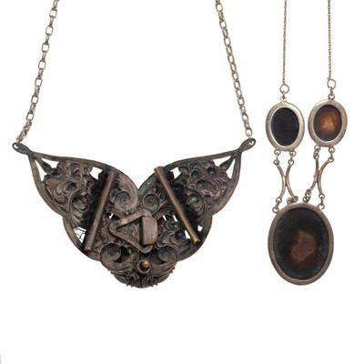 Two Cameo, Sterling Silver, Silver-Tone Necklaces