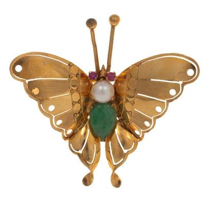 Jade, Cultured Pearl, 14k Yellow Gold Butterfly Pin