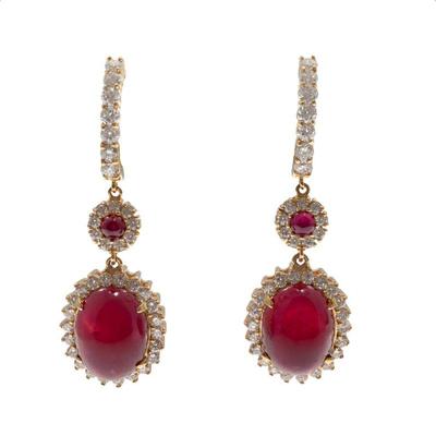 Pair of Ruby, Diamond, 14k Yellow Gold Earrings