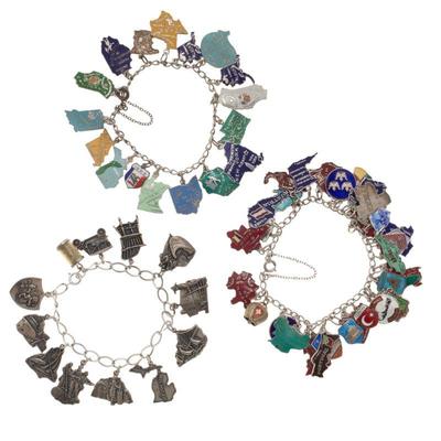 Collection of Three Vintage Enamel, Silver Travel Related Charm Bracelets