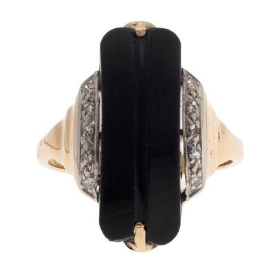Art Deco Onyx, Diamond, 14k Yellow Gold Ring