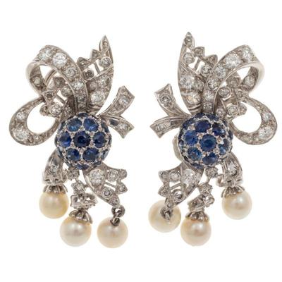 Pair of Diamond, Sapphire, Cultured Pearl, Platinum, 14k Earrings