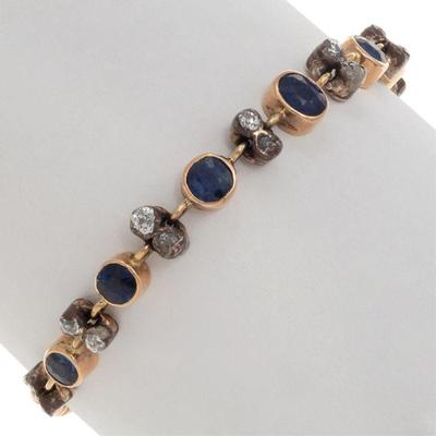 Antique French Diamond, Sapphire, 18k, Silver Bracelet