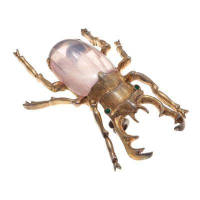 Rose Quartz, Silver Gilt Stag Beetle Pin, Georg Jensen