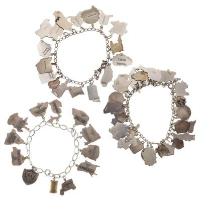 Collection of Three Vintage Enamel, Silver Travel Related Charm Bracelets