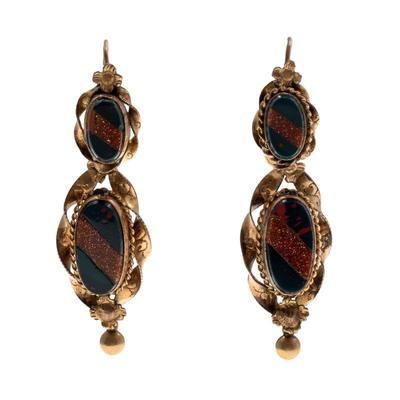 Pair of Victorian Bloodstone, Goldstone Glass, Gold-Filled Earrings
