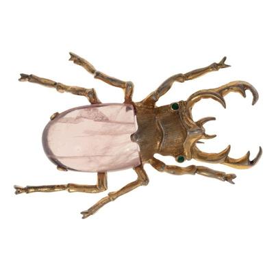 Rose Quartz, Silver Gilt Stag Beetle Pin, Georg Jensen