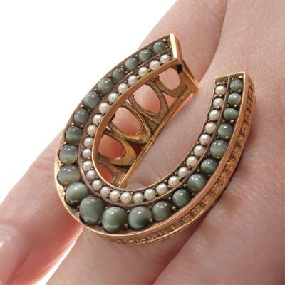 Cat's Eye Chrysoberyl, Seed Pearl, 14k Horseshoe Ring