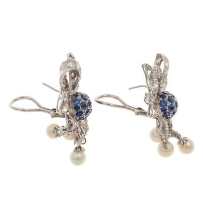 Pair of Diamond, Sapphire, Cultured Pearl, Platinum, 14k Earrings