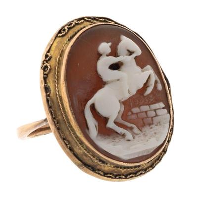 Victorian Equestrian-Themed Shell Cameo, 14k Ring