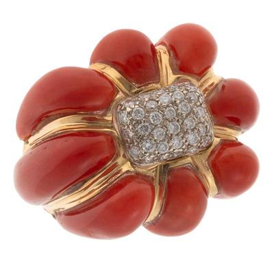 Retro Coral, Diamond, 14k Yellow Gold Ring