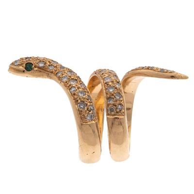 Diamond, Emerald, 18k Yellow Gold Snake Ring