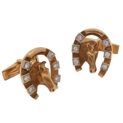 Pair of Diamond, 14k Yellow Gold Equestrian-Themed Cufflinks